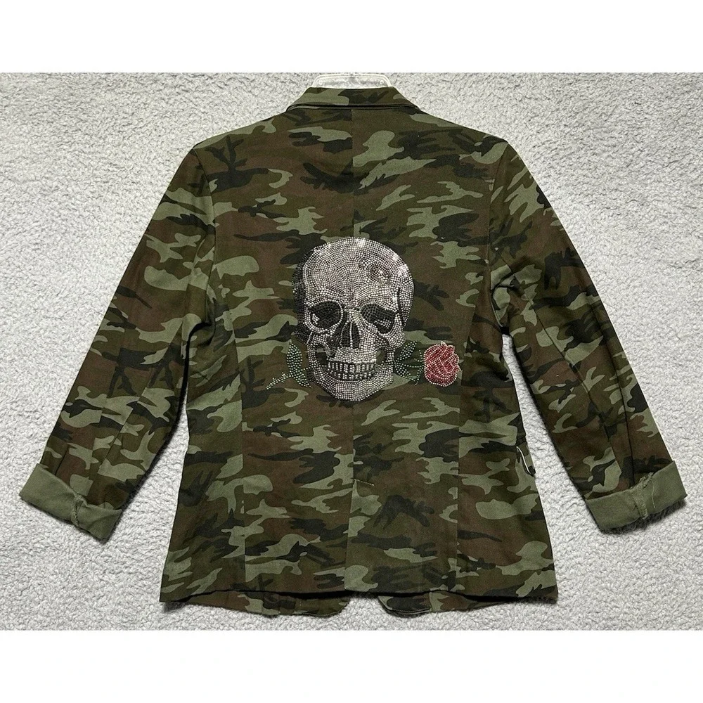 Hipchik Couture Jacket Womens 6 Green Camo Big‎ Skull Embellished Crystal Blazer